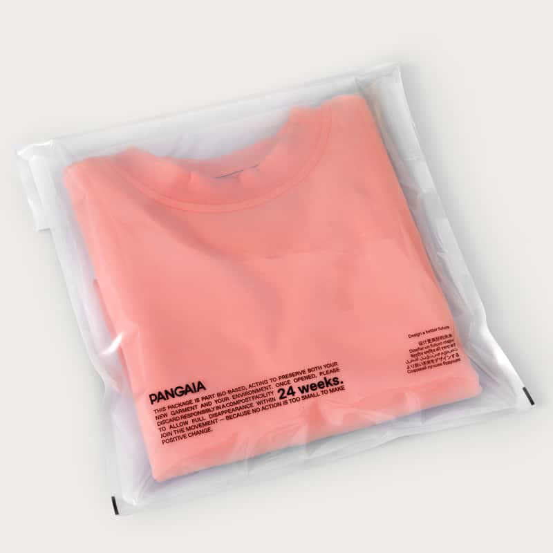 Transparent compostable flap bag with adhesive strip for t-shirts